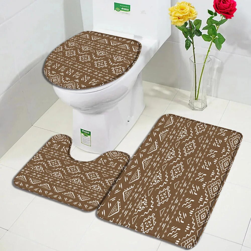 Black White Aztec Bath Mat Set Creative Ethnic Floral Pattern Geometric