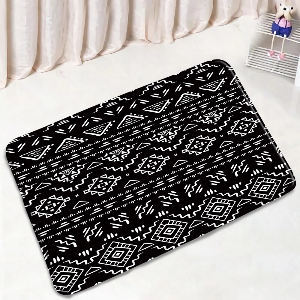 Black White Aztec Bath Mat Set Creative Ethnic Floral Pattern Geometric