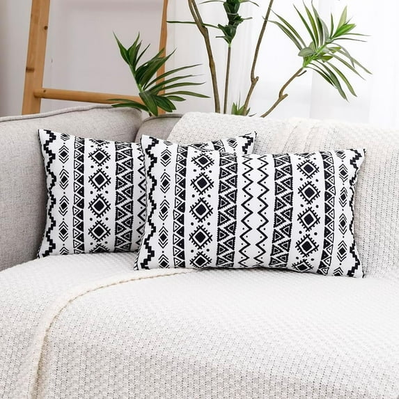 Black and White Aztec Western Boho Lumbar Pillow Covers 12x20 Set of 2, Black Boho Lumbar Pillows 12 x 20, Black Western Bohemian Decor for Living Room Couch Bedroom Bed