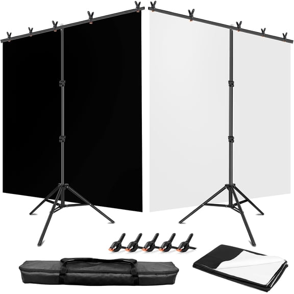 Black White Backdrop Screen with Stand Kit 5x6.5ft for Photo Video Studio, 2-in-1 Revisible Black Backdrop White Screen with T-Shaped Photography Background Support Stand and 5 Clamps