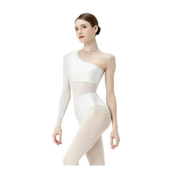 Black White Ballet Leotards For Women dissymmetry Oblique shoulder Mesh Splice Dance Wear Gymnastics Leotard Yoga Bodysuits