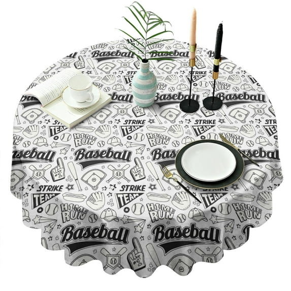 Black White Baseball Pattern Round Tablecloth 60"x60",Wrinkle Wipeable Table Cloth for Kitchen Dining Room Picnic Patio Party