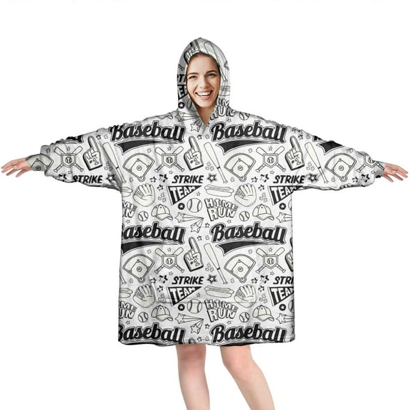 Black White Baseball Pattern Wearable Oversized Blanket,Wearable Blanket Hoodie for Adults,Cozy Hooded Blankets with Super Pockets,Super Warm Fuzzy Pullover for Women & Men