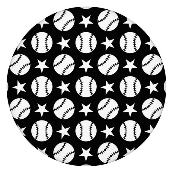 Black White Baseball Stars Pattern Round Fitted Tablecloth with Elastic Edge,Dining Table Cover Waterproof,Outdoor Round Tablecloth for Camping,Dining,Indoor and Outdoor