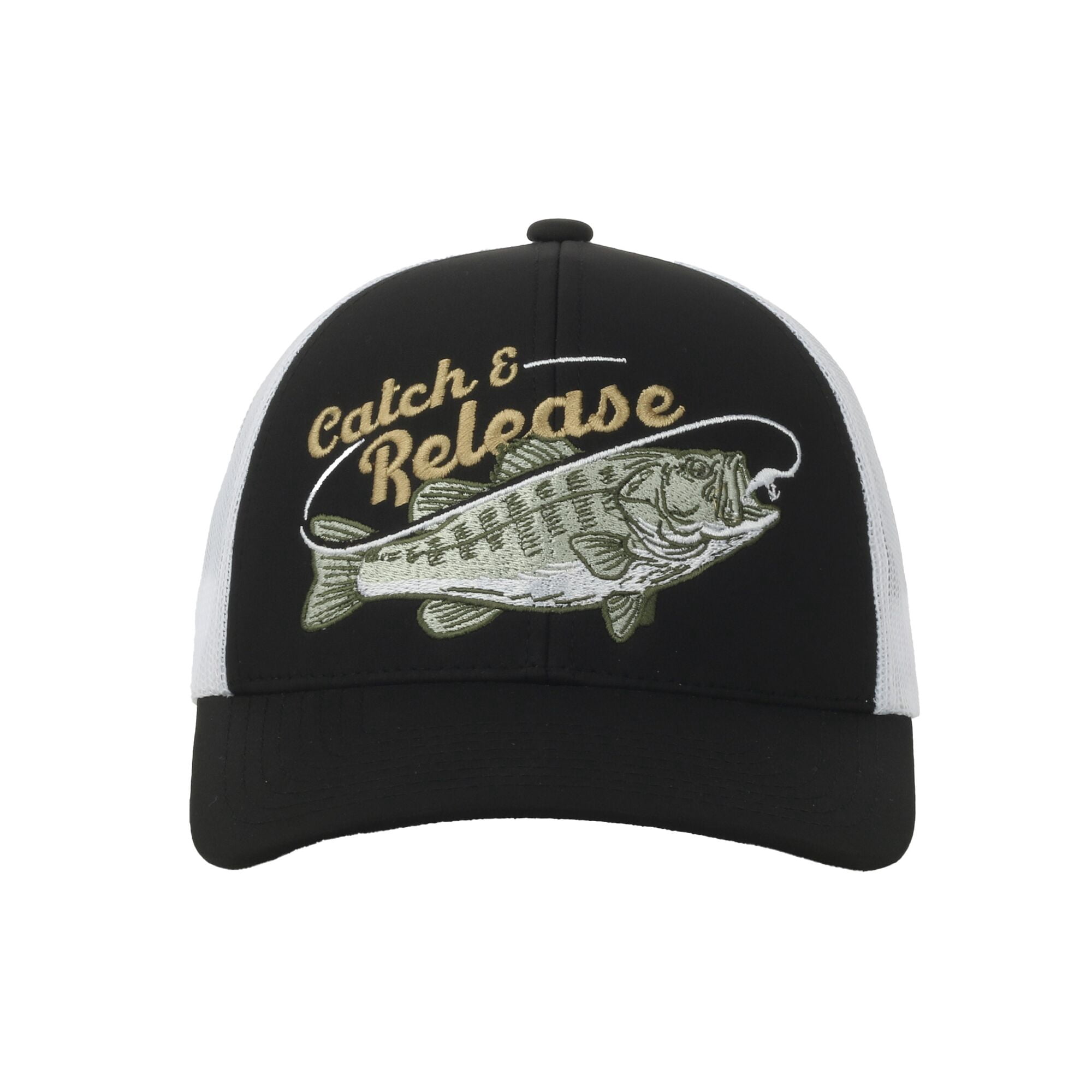 Black/White Bass 5-Panel Fishing Cap – Structured Mesh Back, Embroidered, One Size