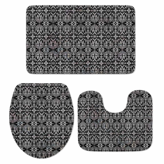 Black and White Bath Mat 3 Piece Bathroom Rug Set, Modern Moroccan Geometric Abstract Art Non Slip Bath Rug Contour Mat and Toilet Lid Cover, Absorbent Shower Mats Soft Bath Rugs and Mats Sets