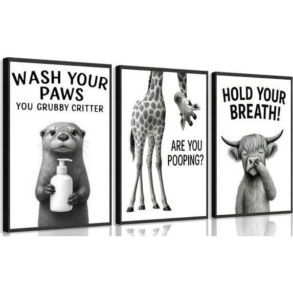 Black White Bathroom Animal Wall Art Funny otter giraffe Highland Painting Picture Wall Decor Vintage Bathroom Animal Poster Print Artwork for Toilet Restroom Washroom Home Decoration