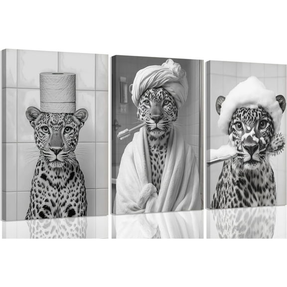 Black White Bathroom Cheetah Canvas Wall Art Cheetah With Toilet Paper On Head Wall Decor Funny bathroom Animal Painting Pictures Poster Artwork for Washroom Toilet Home Decoration
