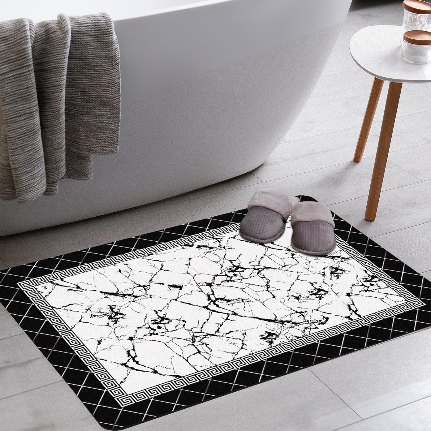 Black White Bathroom Rug Super Absorbent Quick Dry Thin Non Slip Bath Rugs Abstract Geometric