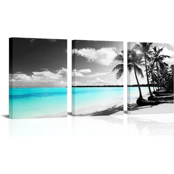 Black and White Beach Canvas Wall Art Tropical Palm Tree Painting Hawaii Artwork for Bedroom Bathroom Wall Decoration Framed Ready to Hang Size 12"x16"x3