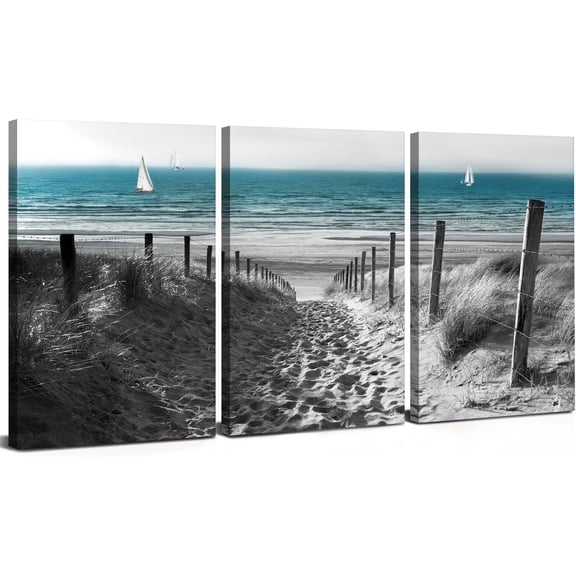 Black and White Beach Wall Art Bathroom Decor Teal Coastal Wall Decor for Living Room Nautical Sand Dune Scenery Painting Ocean Seascape Picture Canvas Artwork Bedroom Office Home Decoration 12x16"