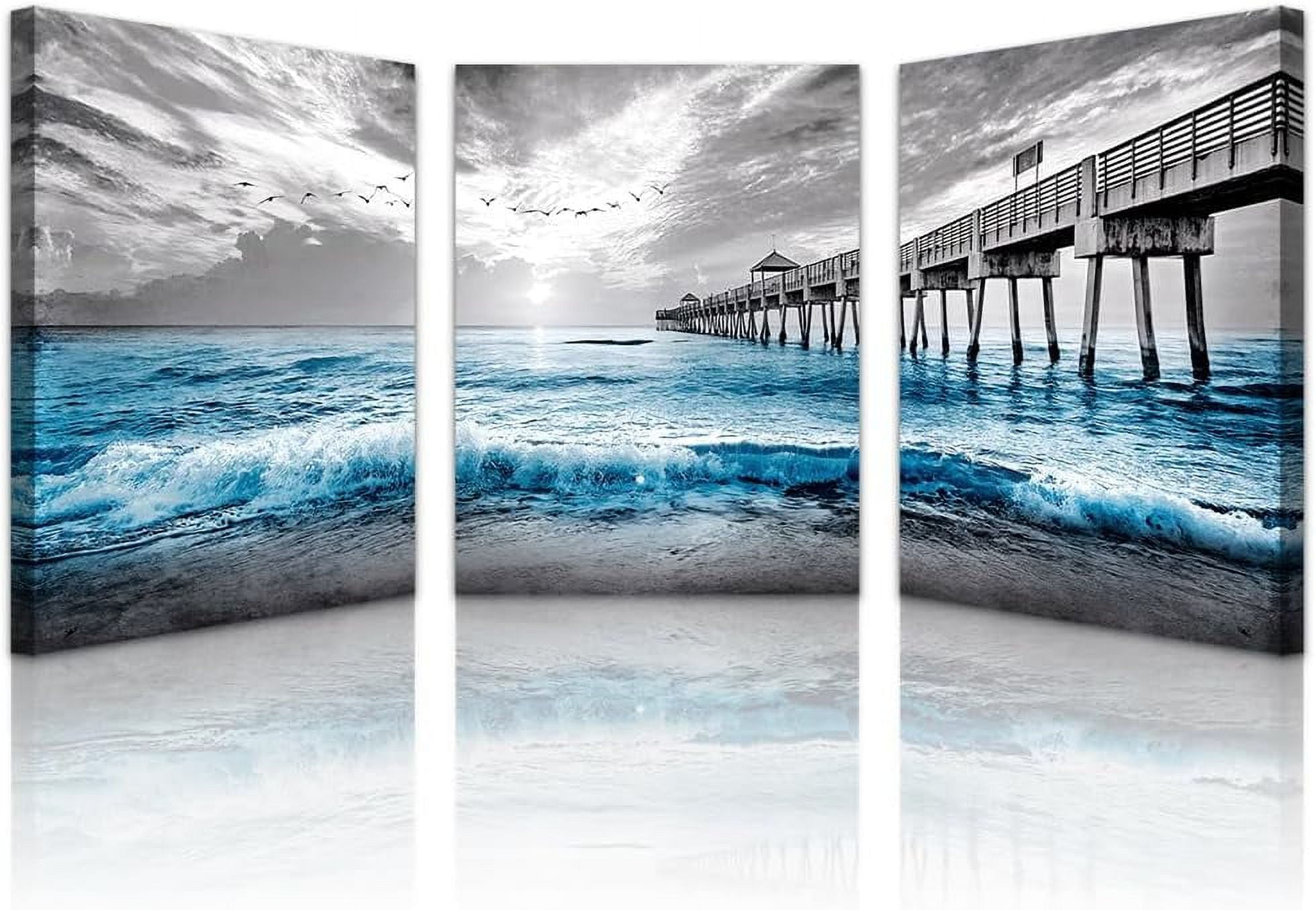 Black And White Beach Wall Paintings Wall Decorations For Living Room Canvas Wall Art For Bedroom Office Wall Decor Blue Ocean Sea Wave Pictures Prints Artwork Modern Home Decor 3 Piece