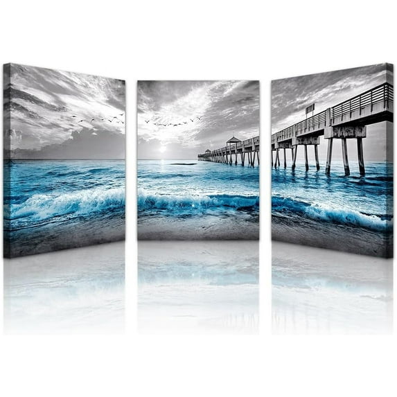 Black And White Beach Wall Paintings Wall Decorations For Living Room Canvas Wall Art For Bedroom Office Wall Decor Blue Ocean Sea Wave Pictures Prints Artwork Modern Home Decor 3 Piece