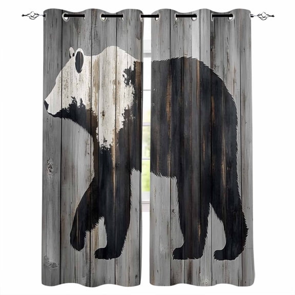 Black White Bear Blackout Curtains for Bedroom/Living Room, Thermal Insulated Kitchen Curtains, Vintage Country Rustic Wooden Grain Grommet Darkening Window Treatment Drapes 52"x72"x2