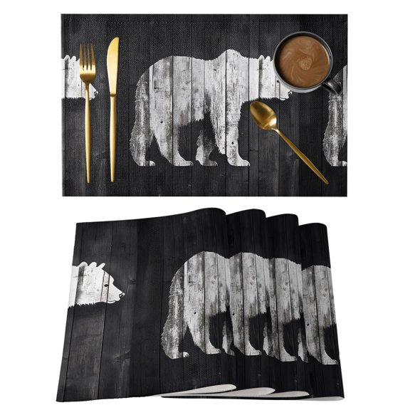 Black White Bear Placemats Set of 2, Cotton Linen Fabric Place Mats, Farmhouse Country Rustic Wooden Grain Washable Decorative Table Mats Protector for Home Kitchen Dining Wedding Party Coffee Tables