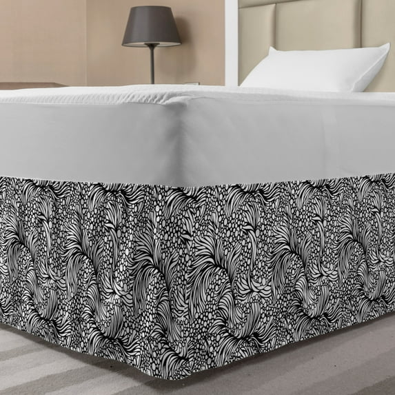 Black and White Bed Skirt, Abstract Shapes and Dots Water Themed Bubbles and Waves Ocean Surface, Elastic Bedskirt Dust Ruffle Wrap Around for Bedding Decor, 4 Sizes, Black White, by Ambesonne