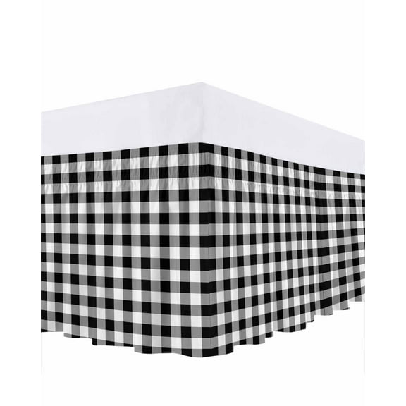 Black White Bed Skirt Buffalo Plaid Bed Skirts Queen Size 16 Inch Drop, Wrap Around Dust Ruffle Bedskirt with Adjustable Elastic Belt for Queen Size Beds