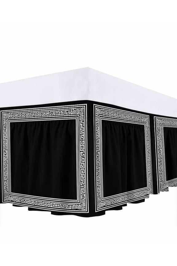 Black White Bed Skirt California King Size 18" Drop Geometric Greek Key Bordered Abstract Art Ruffled Wrap Around Bed Skirts Adjustable Elastic Bedskirt Dust Ruffle for California King Size Bed