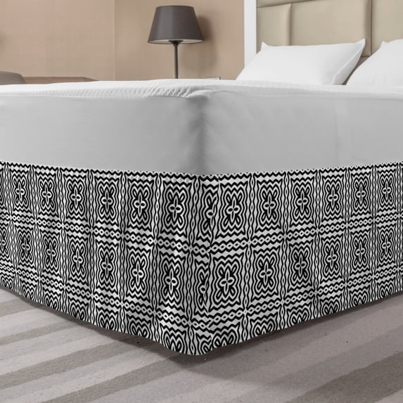 Black and White Bed Skirt, Monochrome Abstract Floral Repeating Motifs in Square Shape with Waves, Elastic Bedskirt Dust Ruffle Wrap Around for Bedding Decor, 4 Sizes, Black and White, by Ambesonne