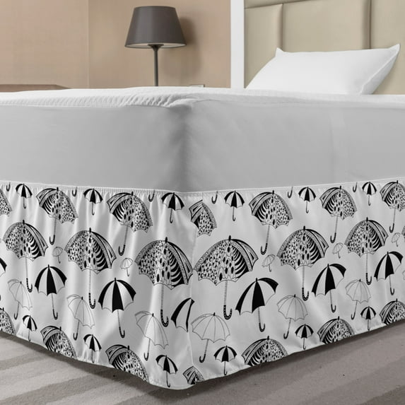 Black and White Bed Skirt, Ornate Umbrella with Minimalist Stripes and Floral Features Artwork, Elastic Bedskirt Dust Ruffle Wrap Around for Bedding Decor, 4 Sizes, Black White, by Ambesonne
