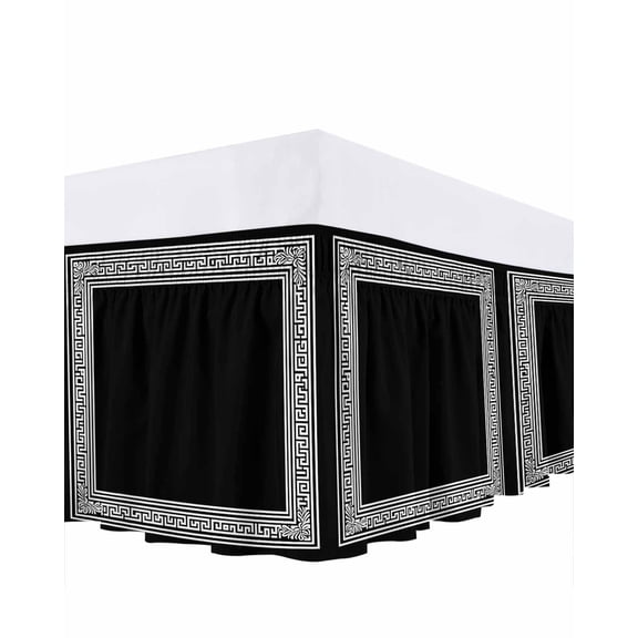 Black White Bed Skirt Queen Size 16" Drop Geometric Greek Key Bordered Abstract Art Ruffled Wrap Around Bed Skirts Adjustable Elastic Bedskirt Dust Ruffle for Queen Size Bed