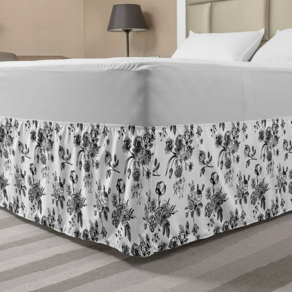 Black and White Bed Skirt, Vintage Floral Pattern Victorian Classic Royal Inspired New Modern Art, Elastic Bedskirt Dust Ruffle Wrap Around for Bedding Decor, 4 Sizes, Black and White, by Ambesonne