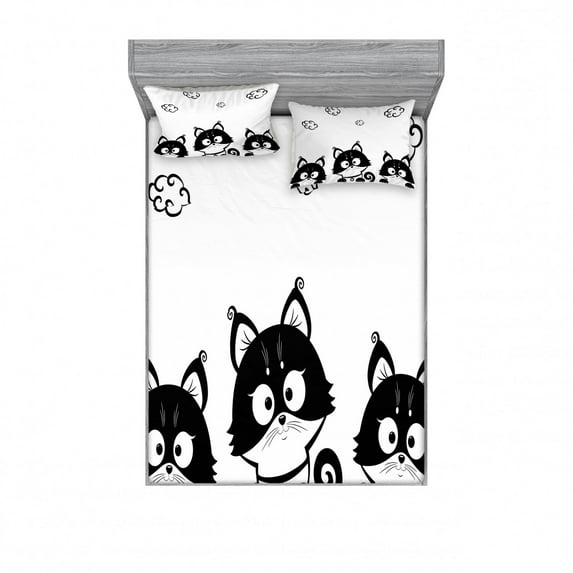 Black and White Bedding Set with Sheet & Covers, 3 Kittens with Clouds over Their Heads Small Thoughts Art, Printed Bedroom Decor 2 Shams, 4 Sizes, Black and White, by Ambesonne