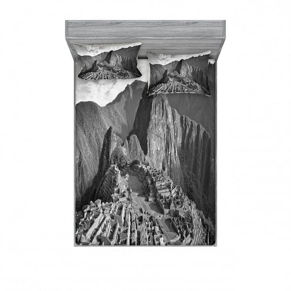 Black and White Bedding Set with Sheet & Covers, Aerial View of Peru Village Architectural Landmark Buildings Day Time, Printed Bedroom Decor 2 Shams, 4 Sizes, Black and White, by Ambesonne