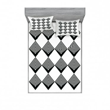 Black and White Bedding Set with Sheet & Covers, Art Deco Style Inspired Simplistic Monochrome Square Tiles Modern Art, Printed Bedroom Decor 2 Shams, 4 Sizes, Black and White, by Ambesonne