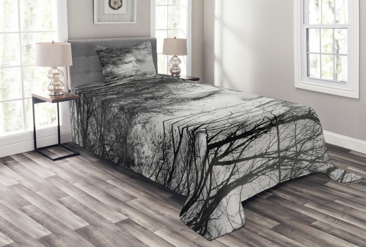 Black and White Bedspread Set Twin Size, Woman Face Among Tree Branches