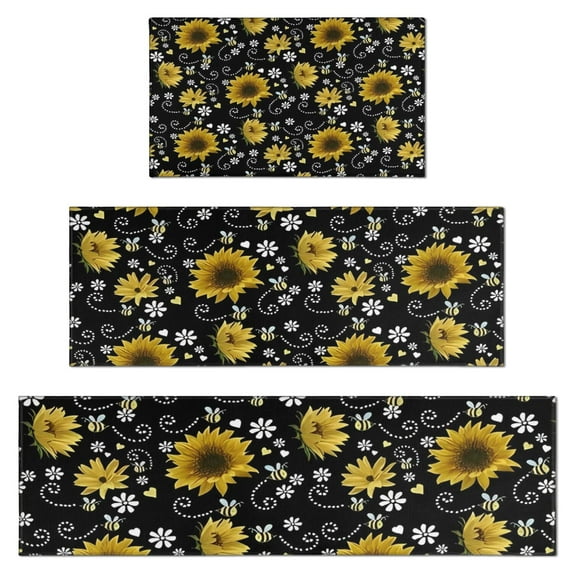 Black White Bee Heart Sunflower Pattern Kitchen Rugs Sets Of 3,Kitchen Runner Rugs Non Skid Washable,Decorative Kitchen Floor Mats for Kitchen,Sink,Laundry,17"x30"+ 17"x47" + 17"x59"
