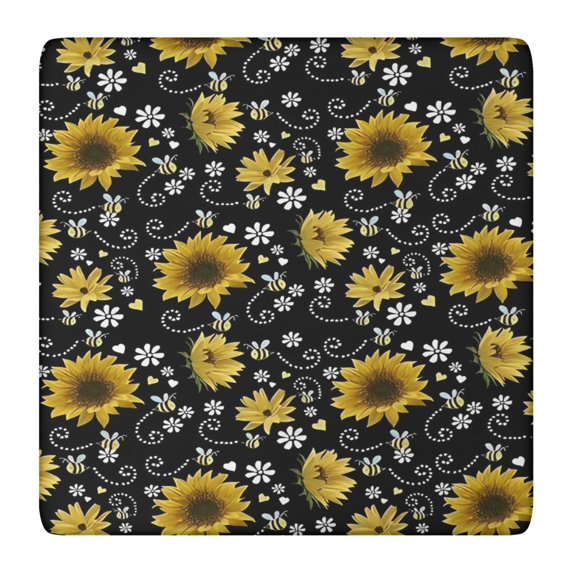 Black White Bee Heart Sunflower Pattern Square Fitted Tablecloth with Elastic Edge,Square Table Cover,Washable Elastic Table Cover for Home Kitchen Party Decor 36"x36"