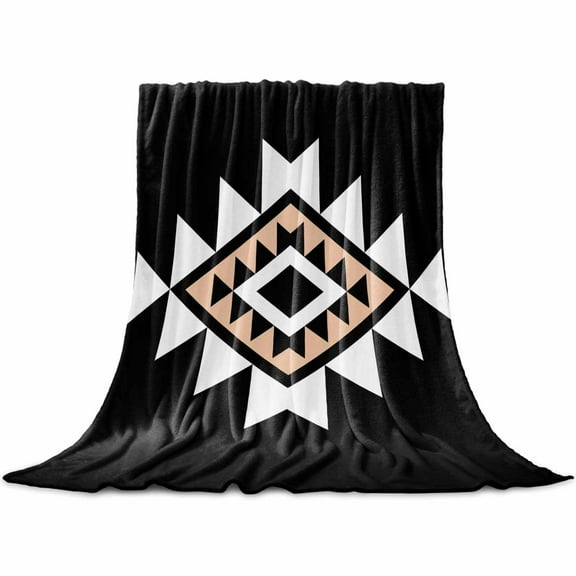 Black White Beige Boho Flannel Blanket for Bed, Western Geometric Aesthetic Soft Cozy Warm Couch Throw Blanket, Lightweight Fluffy Plush Bedding Blankets for Sofa Decor All Season 40"x50"