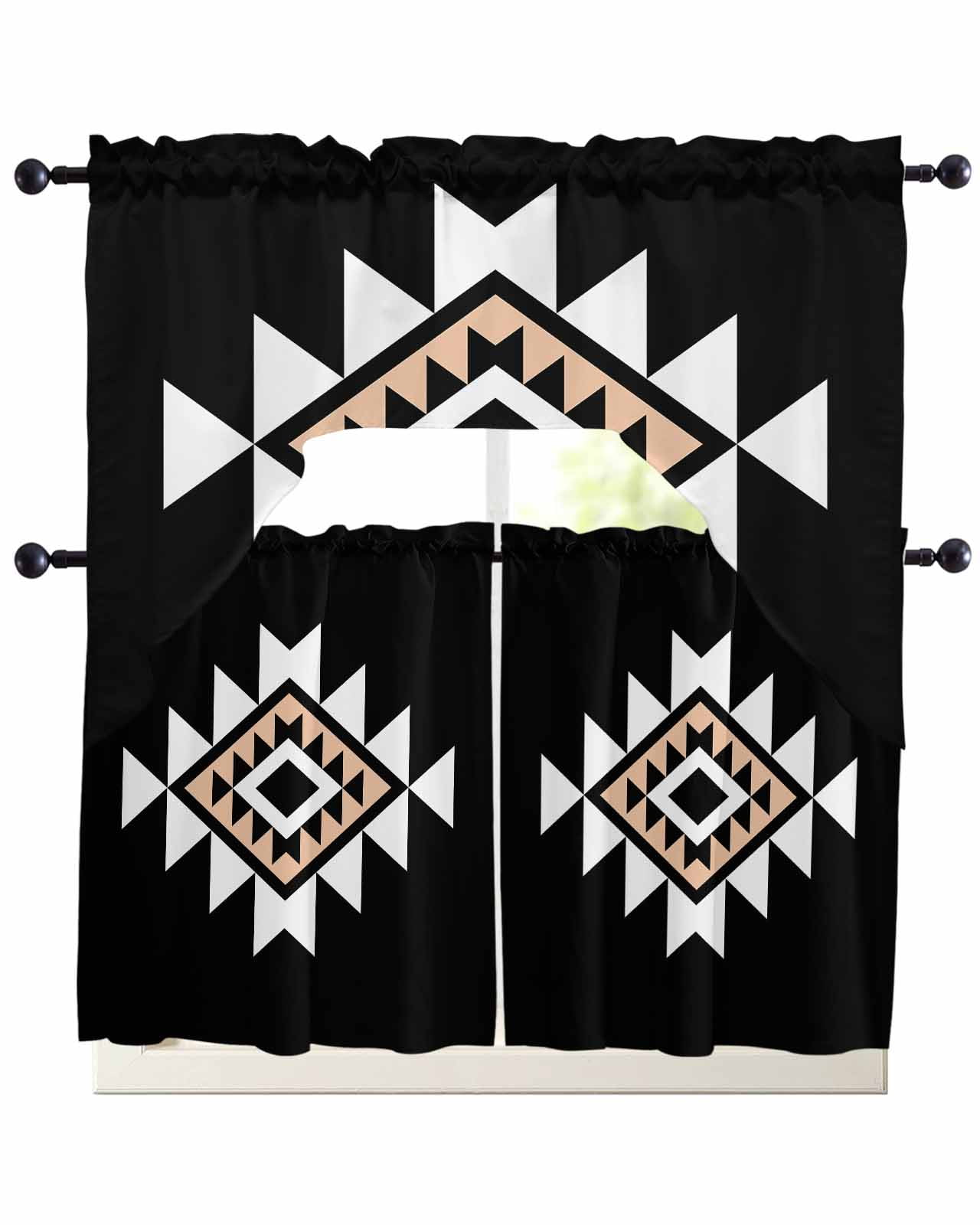 Black White Beige Boho Kitchen Curtains Sets 24 Inch Length with