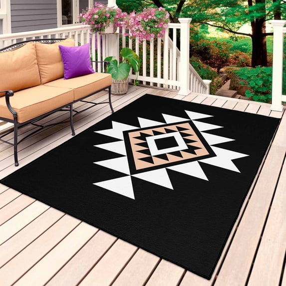 Black White Beige Boho Outdoor Rug 3x5 Ft, Non Slip Washable Area Rug, Western Geometric Aesthetic Patio Rugs Carpet Runner, Large Floor Mat for Indoor/Outdoor Deck Porch Camping