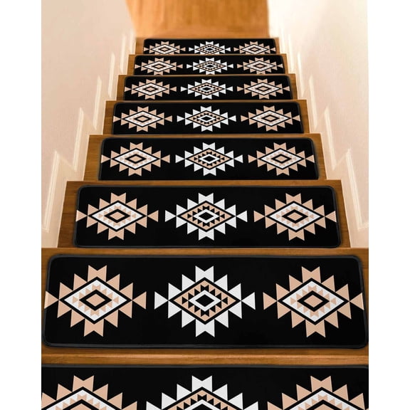 Black White Beige Boho Stair Treads for Wooden Steps Indoor Runner Rug Carpet, Western Geometric Aesthetic 4 Pieces Peel and Stick Staircase Step Treads Covers Washable Throw Door Mats, 30"x8"