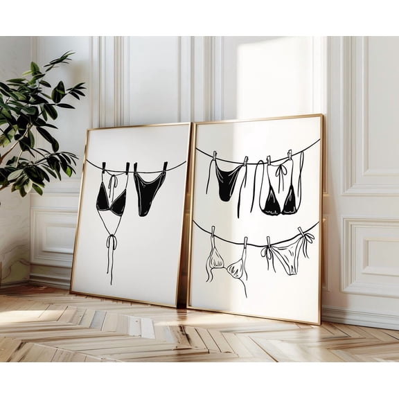 Black White Bikini Clothesline Coastal Preppy Beach Wall Art Set 2 Unframed Paper Print 20x30
