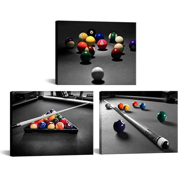 Black and White Billiards Wall Art Pool Table Room Decor Picture Canvas Prints Framed Artwork Game Room Pool Room Boys Sports Room Wall Decor 12"x16"x3 Pieces