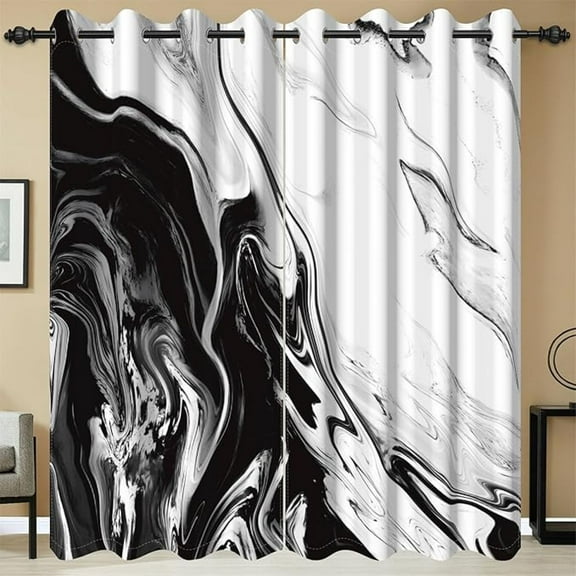 Black And White Blackout Curtains, Abstract Ink Texture Marble Window Curtains For Living Room Modern Room Darkening Grommet Curtains 26"W x 45"L (Pack of 2)