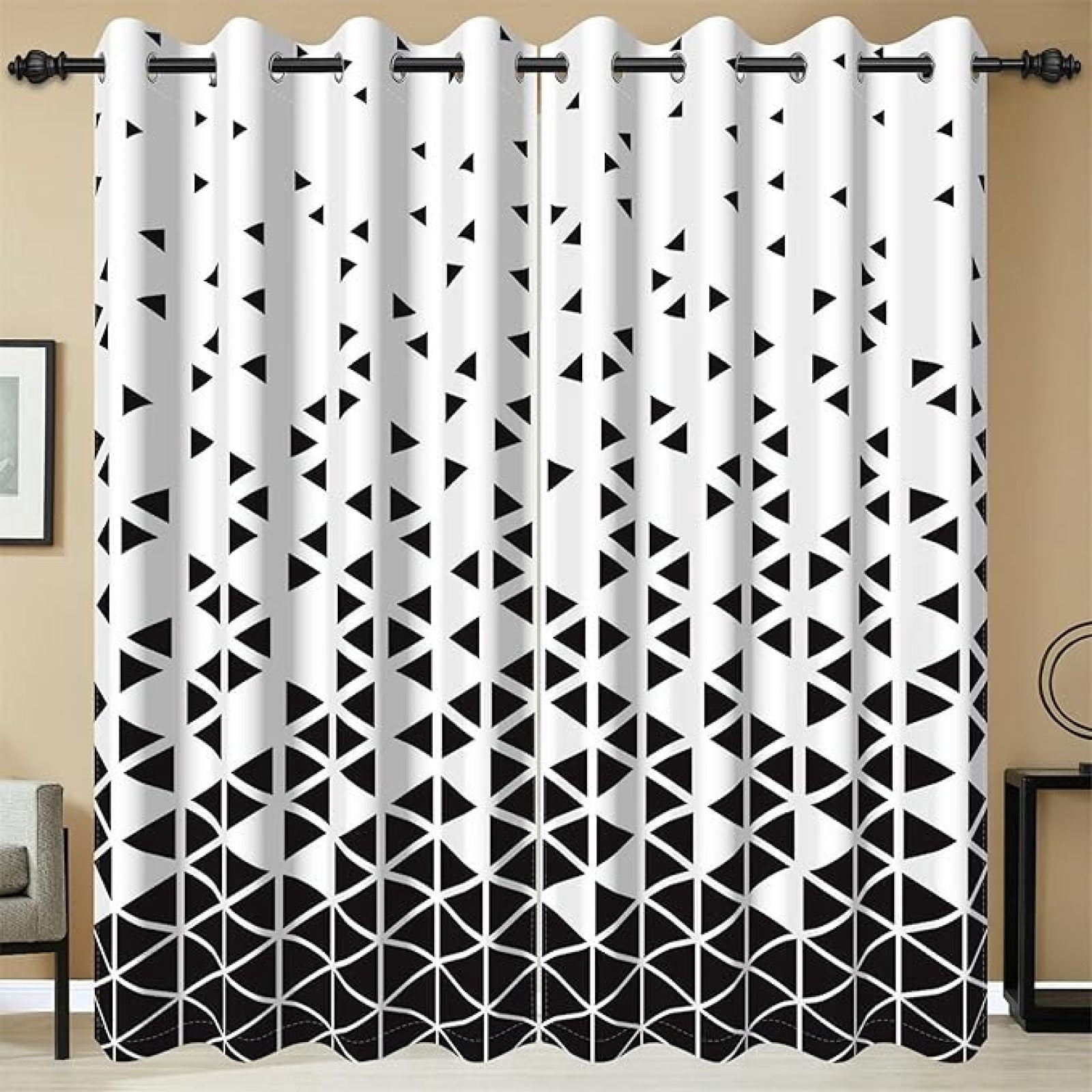 Black And White Blackout Curtains, Chic Black Triangle Window Curtains