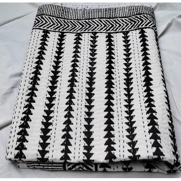 Black White Block Print Kantha Quilt, Handmade Indian Cotton Bedspread, Minimal Boho Throw, Hand Stitched Artisan Bedding