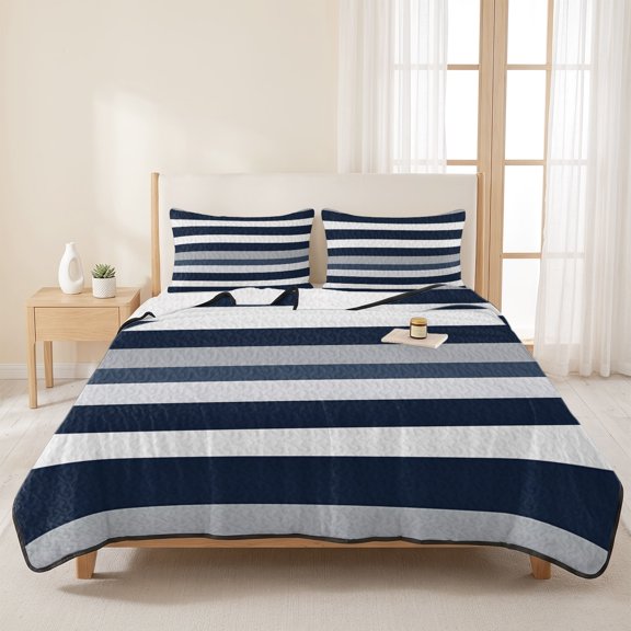Black White Blue Grey Horizontal Stripes 3 Pieces Quilt Set,1 Quilt with 2 Shams,Classic Pattern Bedspread Soft Lightweight Bedding Coverlet Comforter Set for All Season 96"x106"