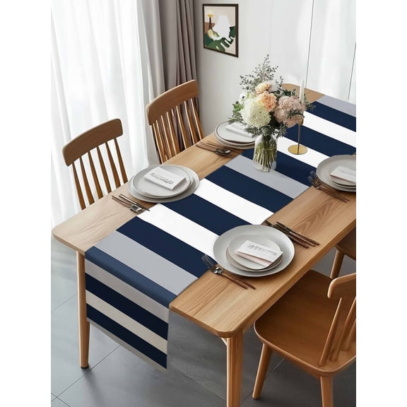 Black White Blue Grey Horizontal Stripes Table Runner 13x70in Non-Slip Cotton Linen Table Runners, Classic Pattern Dresser Scarves TableRunner for Dinner Kitchen Dining Wedding Party
