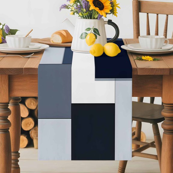 Black White Blue Patchwork Table Runner 36 Inches Long, Abstract Geometric Art Table Runners Tabletop Scarf Kitchen Dining Tables Decoration for Home Party Indoor Outdoor