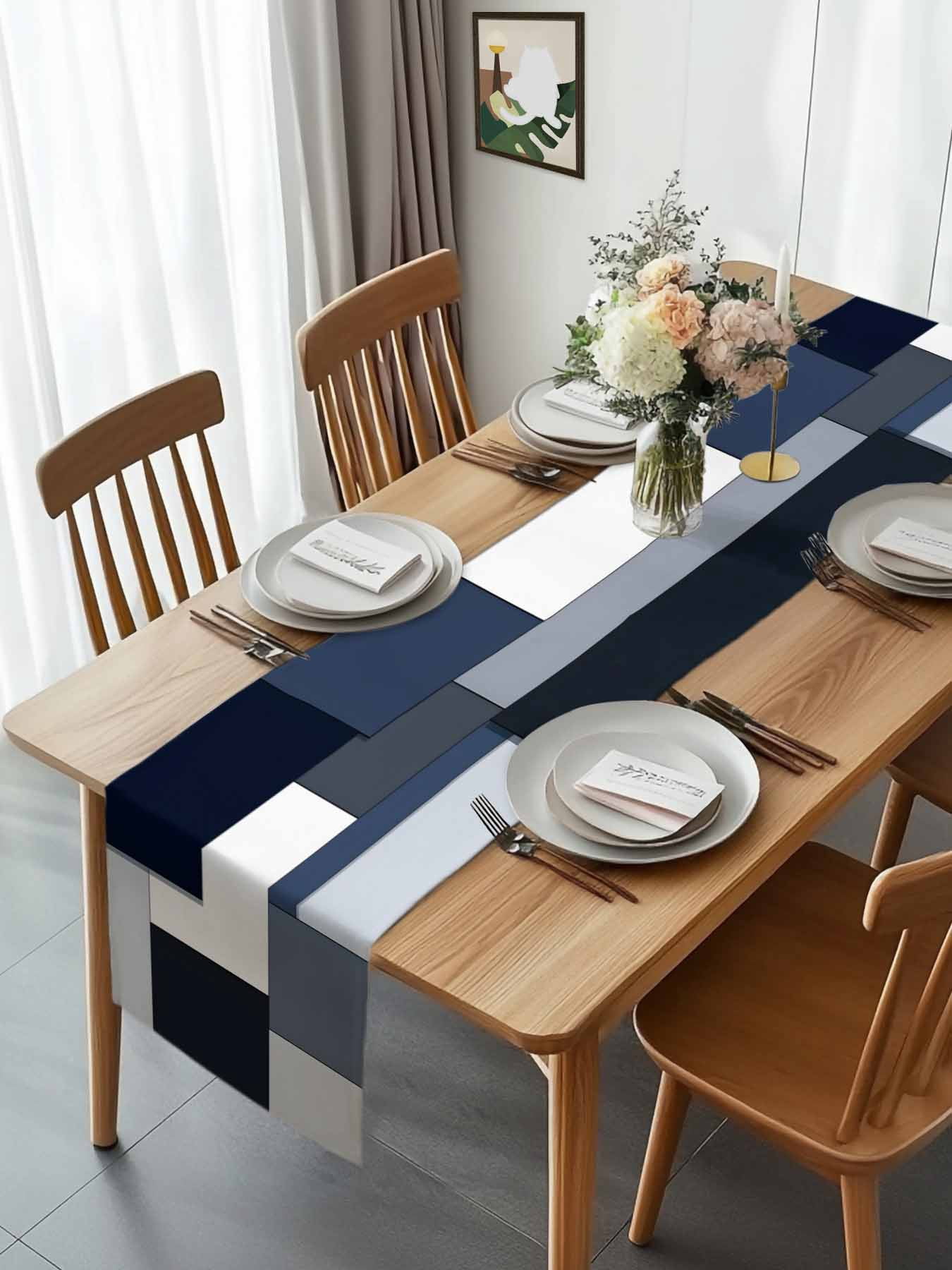 Black White Blue Patchwork Table Runner 90 Inches Long, Abstract Geometric Art Table Runners Tabletop Scarf Kitchen Dining Tables Decoration for Home Party Indoor Outdoor