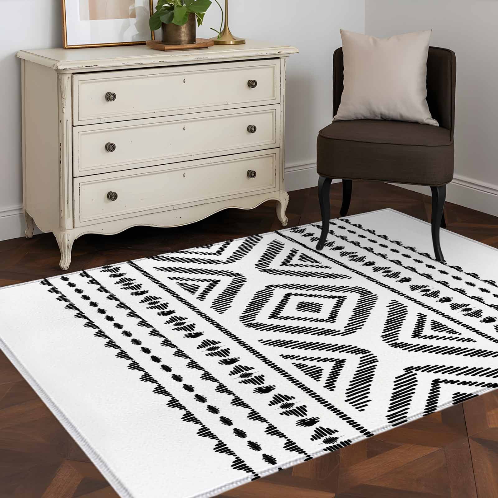 Black White Bohemian 4x6 Rug for Dining Table for 4 People Under Table ...