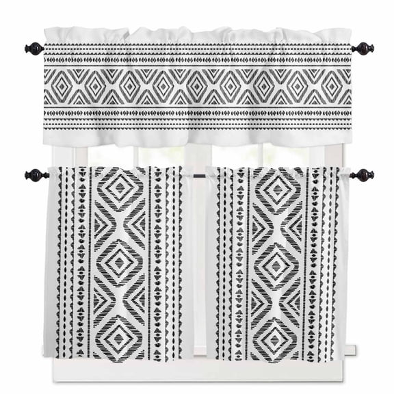 Black White Bohemian Kitchen Curtains Valances and Tiers Set of 3, Abstract Tribe 24 Inch Length Tier Curtains and Valance Rod Pocket Valance Curtains Set for Kitchen Bathroom Small Windows