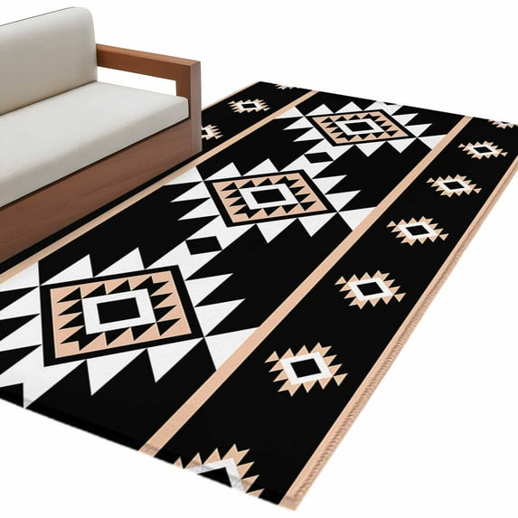 Black White Boho Area Rug 3x5 FT, Non Slip Entryway Bedside Carpet, Modern Western Aztec Abstract Geometric Washable Soft Floor Carpet Indoor Mat Non-Shedding Throw Rug for Dorm Kitchen Home Office