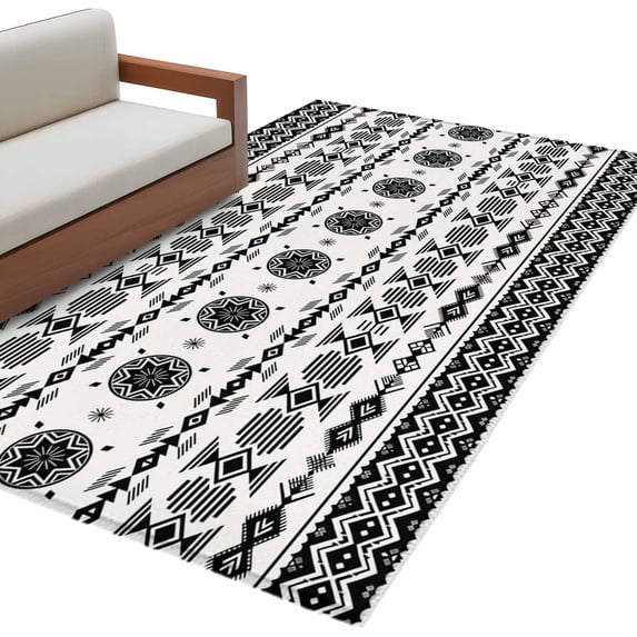 Black White Boho Area Rugs Collection 3'x5', Vintage Abstract Art Ethnic Tribe Non Slip Indoor Rectangle Throw Runner Rug Floor Mat Carpet for Living Room Dining Table Bedroom Nursery