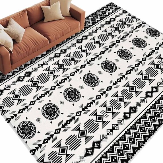 Black White Boho Area Rugs Collection 5'x8', Vintage Abstract Art Ethnic Tribe Non Slip Indoor Rectangle Throw Runner Rug Floor Mat Carpet for Living Room Dining Table Bedroom Nursery